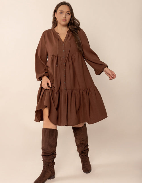 Load image into Gallery viewer, Plus Size Tie Neck Balloon Sleeve Tiered Dress
