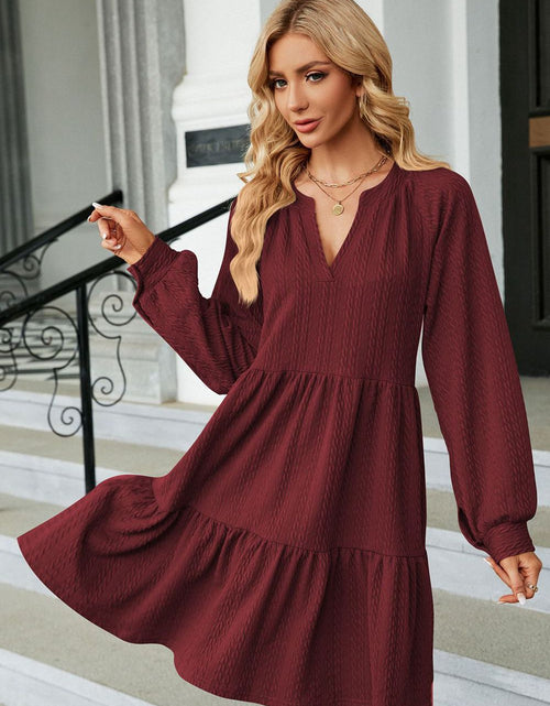 Load image into Gallery viewer, Notched Neck Long Sleeve Mini Dress
