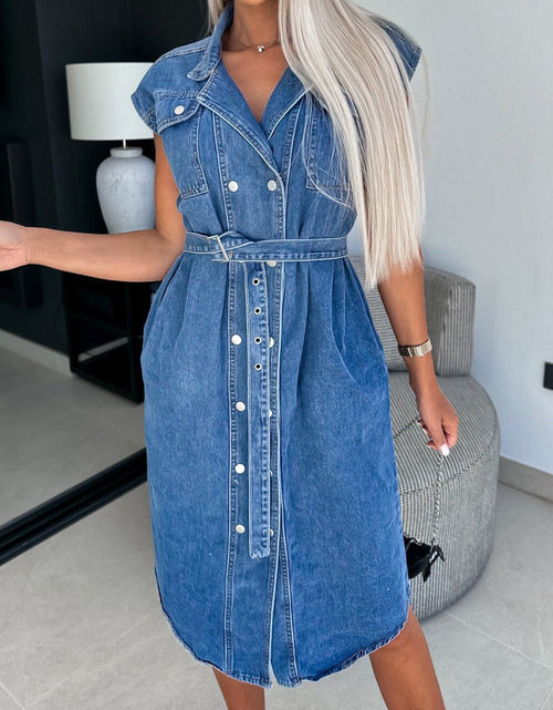 Load image into Gallery viewer, Collared Neck Cap Sleeve Denim Dress
