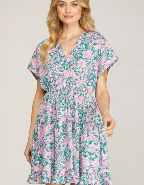 Load image into Gallery viewer, She + Sky Full Size Ruffled Hem Printed Surplice Kimono Sleeve Mini Dress Plus Size
