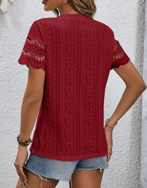 Load image into Gallery viewer, Full Size Eyelet Round Neck Short Sleeve Top

