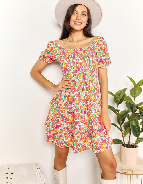 Load image into Gallery viewer, Devine Smocked Sweetheart Neck Flounce Sleeve Mini Dress
