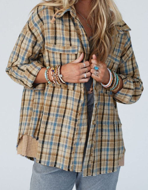 Load image into Gallery viewer, Drawstring Waffle Knit Patchwork Hooded Plaid Shacket
