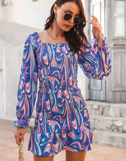 Load image into Gallery viewer, Abstract Print Square Neck Smocked Dress
