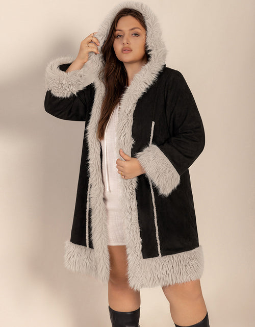 Load image into Gallery viewer, Plus Size Fuzzy Trim Open Front Long Sleeve Hooded Coat
