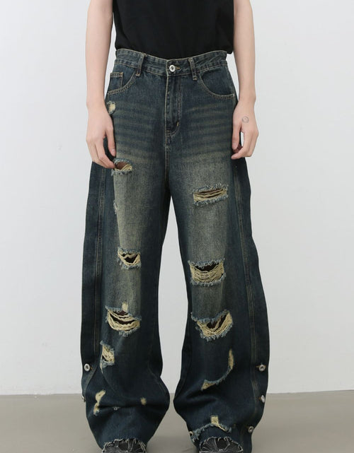 Load image into Gallery viewer, Men's Frayed Hem Distressed Wide Leg Jeans
