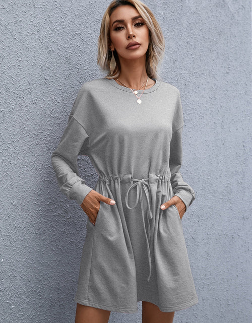 Load image into Gallery viewer, Ivy Lane Drawstring Round Neck Dropped Shoulder Mini Dress
