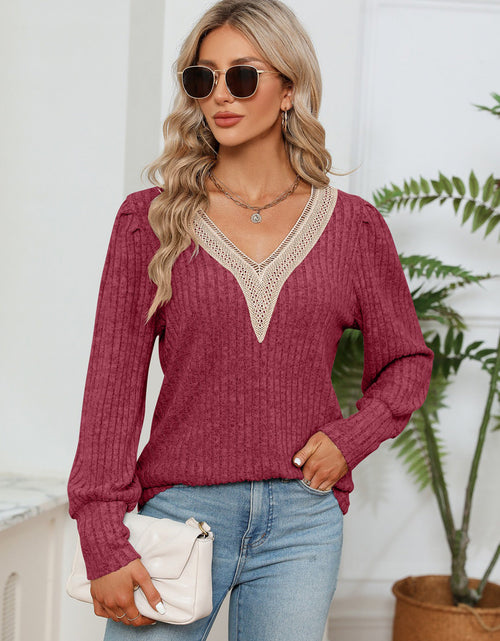 Load image into Gallery viewer, Lace Detail V-Neck Ribbed Blouse
