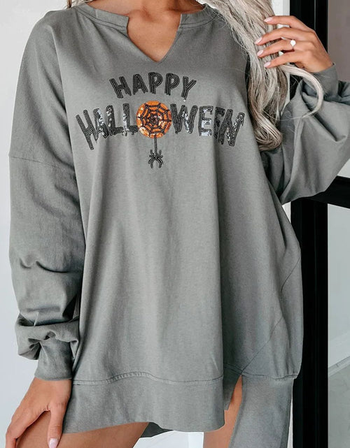 Load image into Gallery viewer, Sequin Letter Graphic Notched Long Sleeve Sweatshirt

