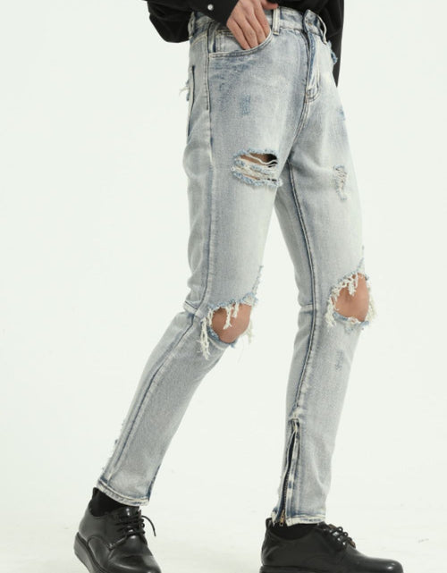 Load image into Gallery viewer, Pocketed Distressed Jeans with Side Zip
