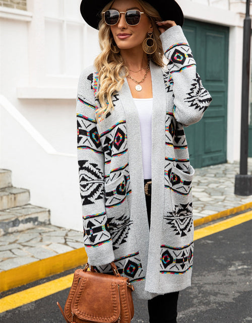 Load image into Gallery viewer, Angel Wings Pocketed Geometric Open Front Dropped Shoulder Cardigan
