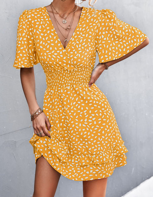 Load image into Gallery viewer, Printed Smocked Waist Layered Surplice Dress
