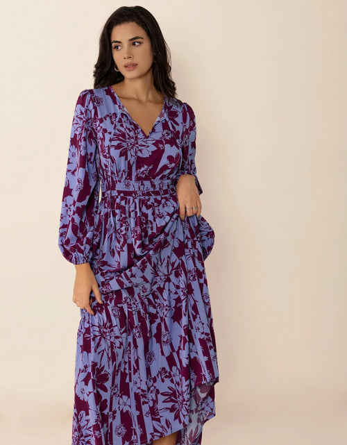 Load image into Gallery viewer, Printed Tie Neck Balloon Sleeve Maxi Dress
