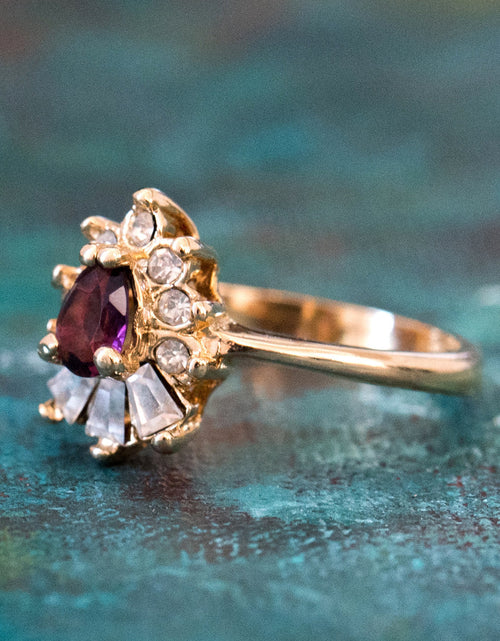 Load image into Gallery viewer, Vintage 1990's Ring Ruby and Clear Austrian Crystals 18k Yellow Gold Plated by PVD Vintage Jewelry
