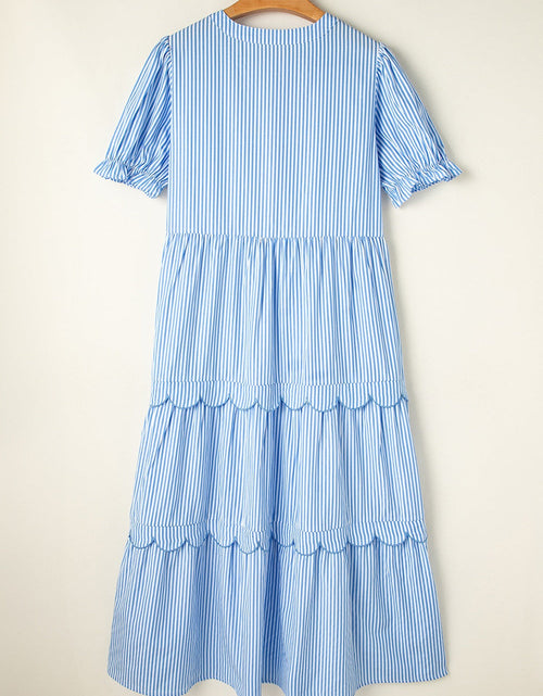 Load image into Gallery viewer, Stripe Bubble Short Sleeve Tiered Scallop Midi Dress

