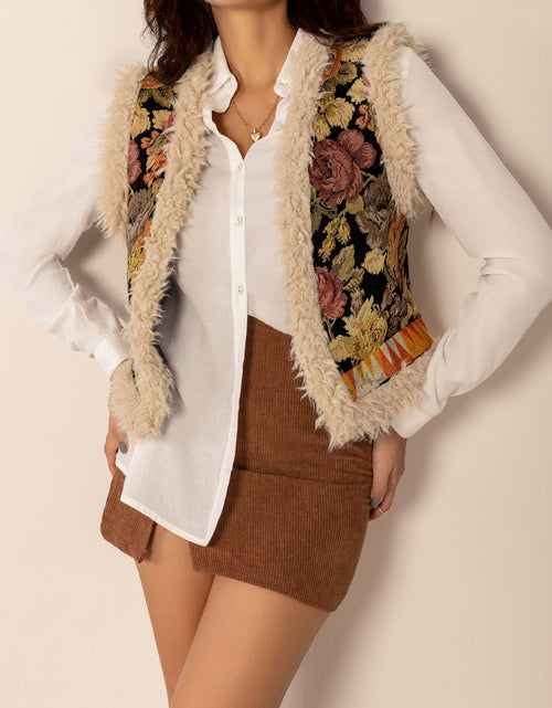 Load image into Gallery viewer, Embroidered Fuzzy Trim Open Front Vest Coat
