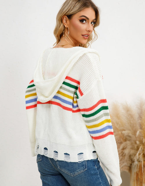 Load image into Gallery viewer, Drawstring Striped Dropped Shoulder Hooded Cardigan
