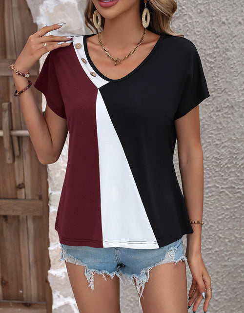 Load image into Gallery viewer, Ivy Lane Color Block Decorative Button V-Neck Tee
