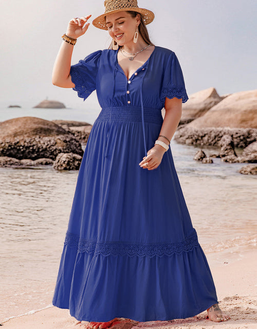 Load image into Gallery viewer, Plus Size Lace Detail Tie Neck Short Sleeve Maxi Dress
