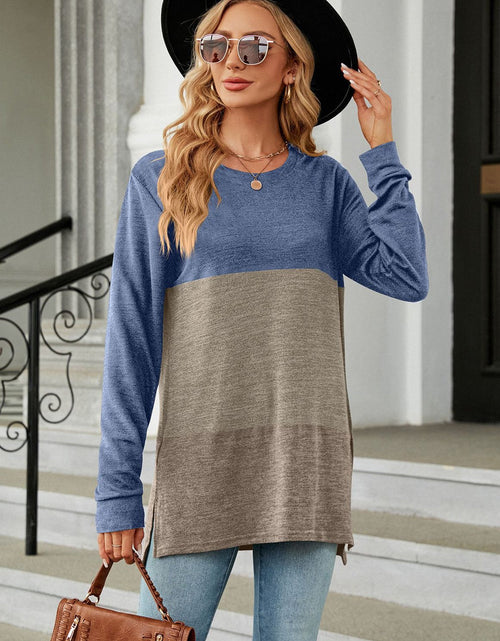 Load image into Gallery viewer, Color Block Round Neck Long Sleeve Slit T-Shirt
