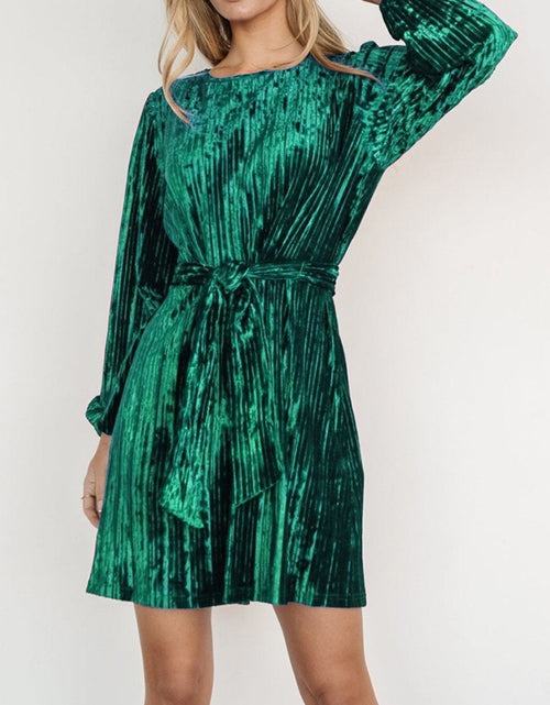 Load image into Gallery viewer, Velvet Round Neck Tie Waist Long Sleeve Mini Dress
