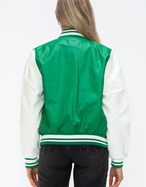 Load image into Gallery viewer, Love Me Now PU Leather Contrast Snap Down Bomber Jacket
