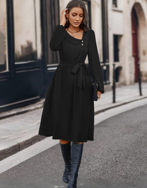 Load image into Gallery viewer, Buttoned Tie Front Long Sleeve Asymmetrical Neck Dress
