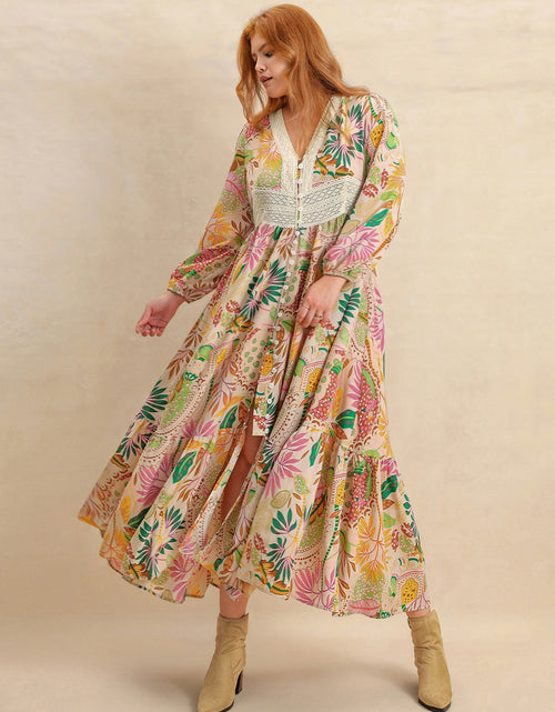 Load image into Gallery viewer, Plus Size Lace Detail Printed V-Neck Balloon Sleeve Dress
