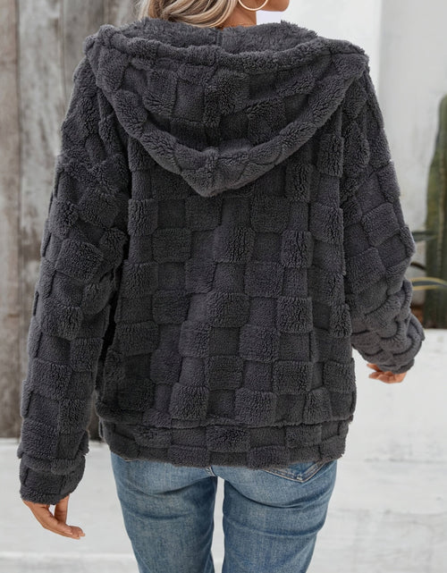Load image into Gallery viewer, Checkered Texture Zip Up Drawstring Fuzzy Jacket
