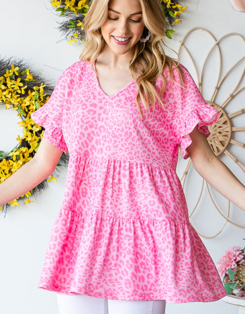 Load image into Gallery viewer, Heimish Full Size Leopard Ruffle Trim Short Sleeve Top
