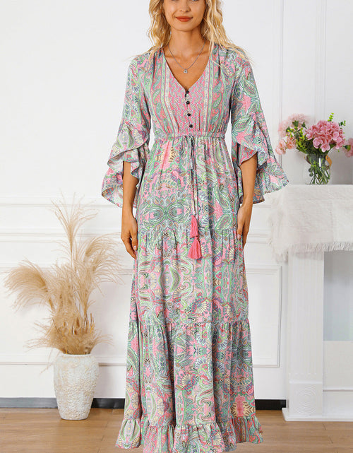 Load image into Gallery viewer, Printed Tassel Tie V-Neck Tiered Dress
