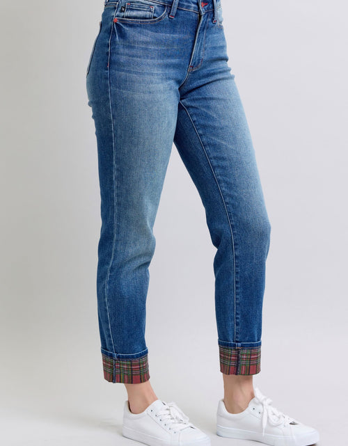 Load image into Gallery viewer, Judy Blue Full Size Plaid Print Cuff Straight Leg Jeans with Pockets
