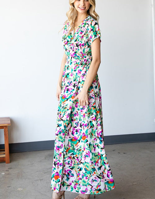 Load image into Gallery viewer, First Love Slit Printed Surplice Tie Waist Short Sleeve Dress
