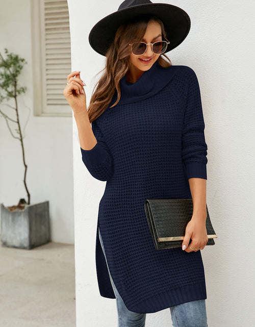 Load image into Gallery viewer, Turtleneck Waffle-Knit Slit Sweater Dress
