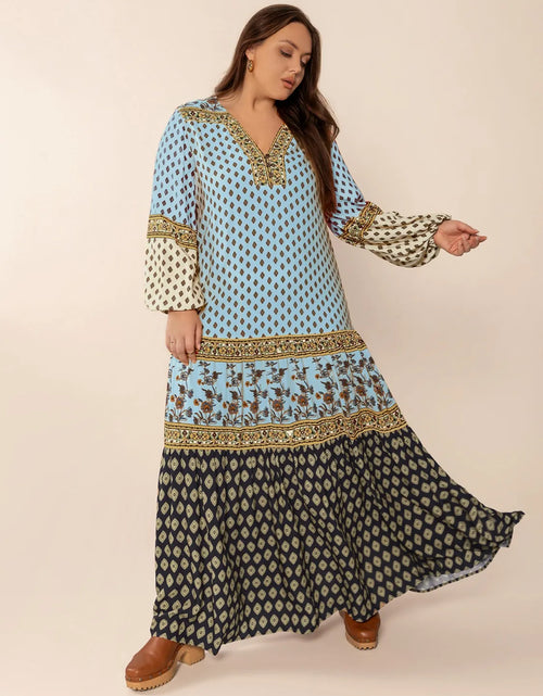 Load image into Gallery viewer, Plus Size Printed V-Neck Balloon Sleeve Maxi Dress
