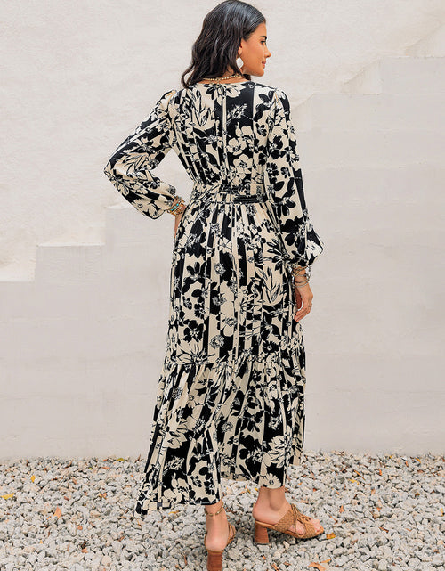 Load image into Gallery viewer, Smocked Printed Tie Neck Long Sleeve Dress
