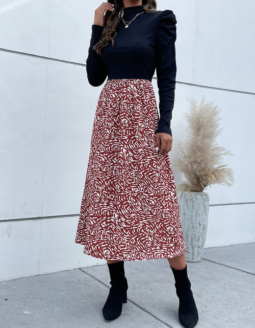 Load image into Gallery viewer, Perfee Printed Mock Neck Puff Sleeve Midi Dress
