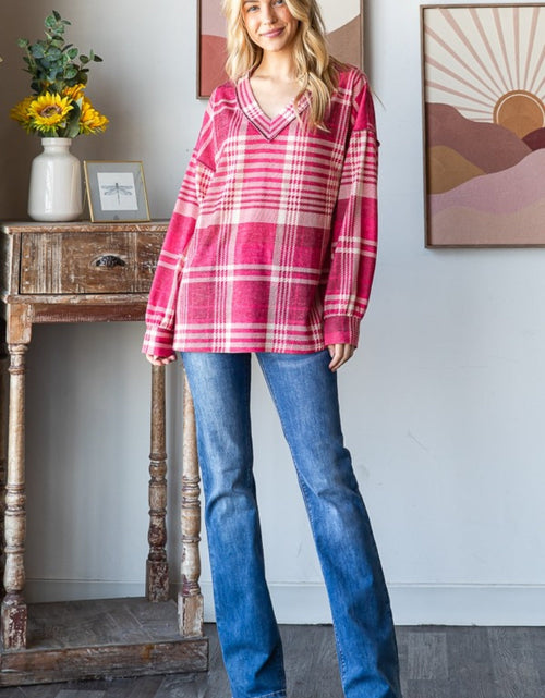 Load image into Gallery viewer, Heimish Plaid Drop Shoulder V-Neck T-Shirt
