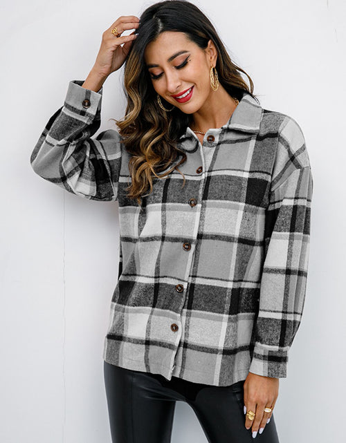 Load image into Gallery viewer, Shiny Plaid Button Up Collared Neck Jacket
