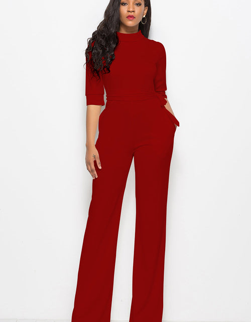 Load image into Gallery viewer, Mock Neck Tie-Waist Half Sleeve Jumpsuit
