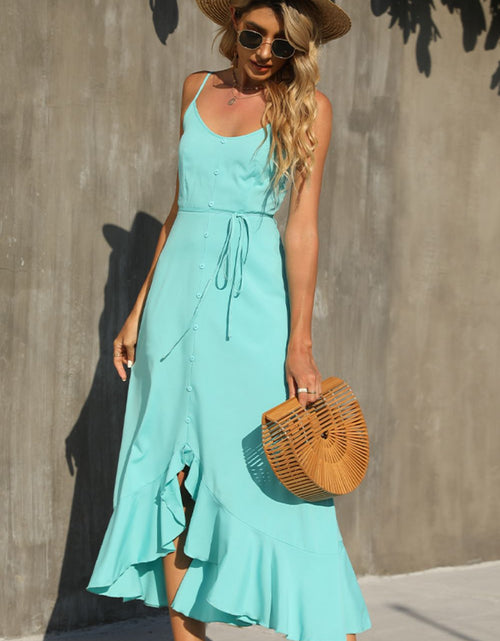 Load image into Gallery viewer, Shiny Decorative Button Spaghetti Strap Ruffle Hem Dress

