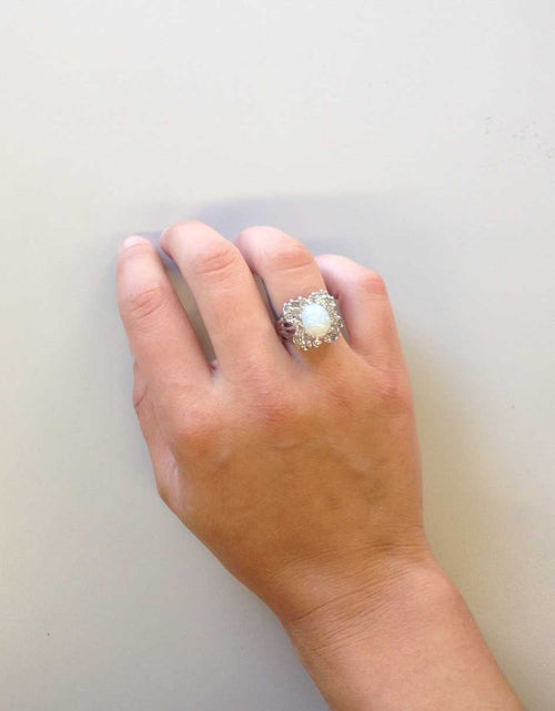 Load image into Gallery viewer, Vintage Emerald Green Crystal Cabochon Stone &amp; Clear Crystal Ring in 18kt Yellow Gold Electroplate by PVD Vintage Jewelry
