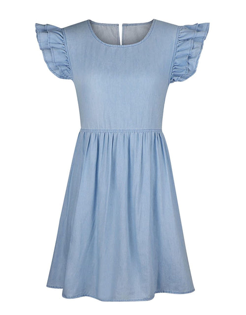 Load image into Gallery viewer, Full Size Ruffled Round Neck Cap Sleeve Denim Dress
