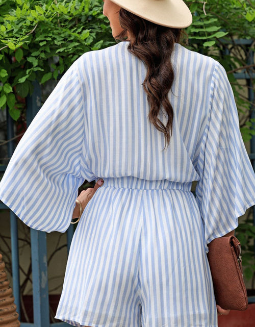 Load image into Gallery viewer, Bow Striped Kimono Sleeve Romper
