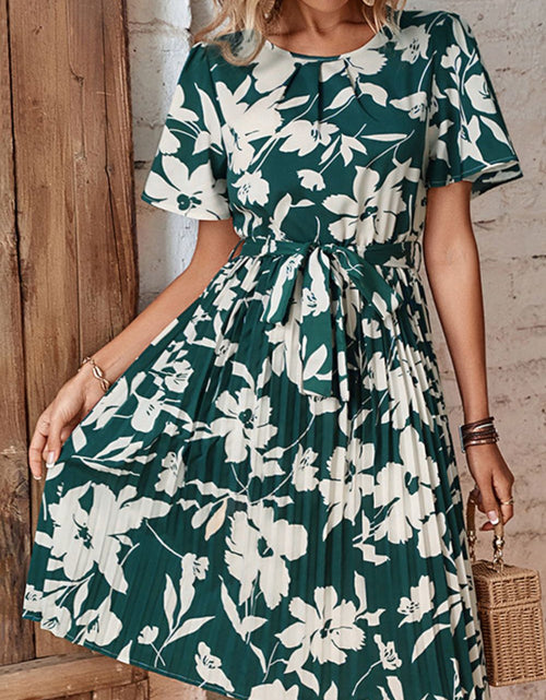 Load image into Gallery viewer, Perfee Floral Round Neck Tie Belt Pleated Dress
