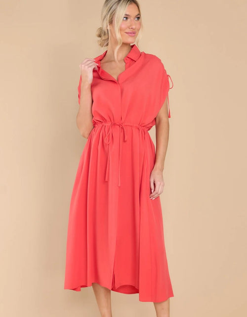 Load image into Gallery viewer, Drawstring Collared Neck Short Sleeve Midi Dress
