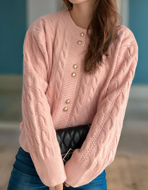 Load image into Gallery viewer, Cable-Knit Round Neck Long Sleeve Cardigan
