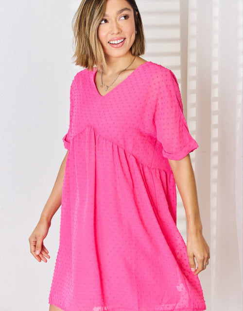 Load image into Gallery viewer, Zenana Swiss Dot Rolled Short Sleeve Babydoll Dress
