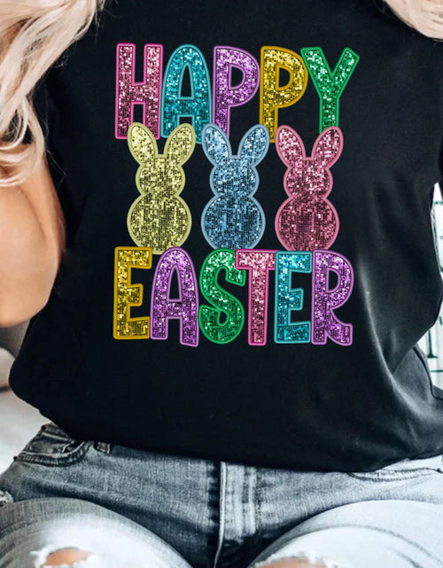 Load image into Gallery viewer, HAPPY EASTER Sequin Bunny Round Neck T-Shirt
