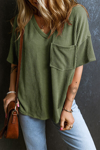 Load image into Gallery viewer, Textured V-Neck Dropped Shoulder T-Shirt

